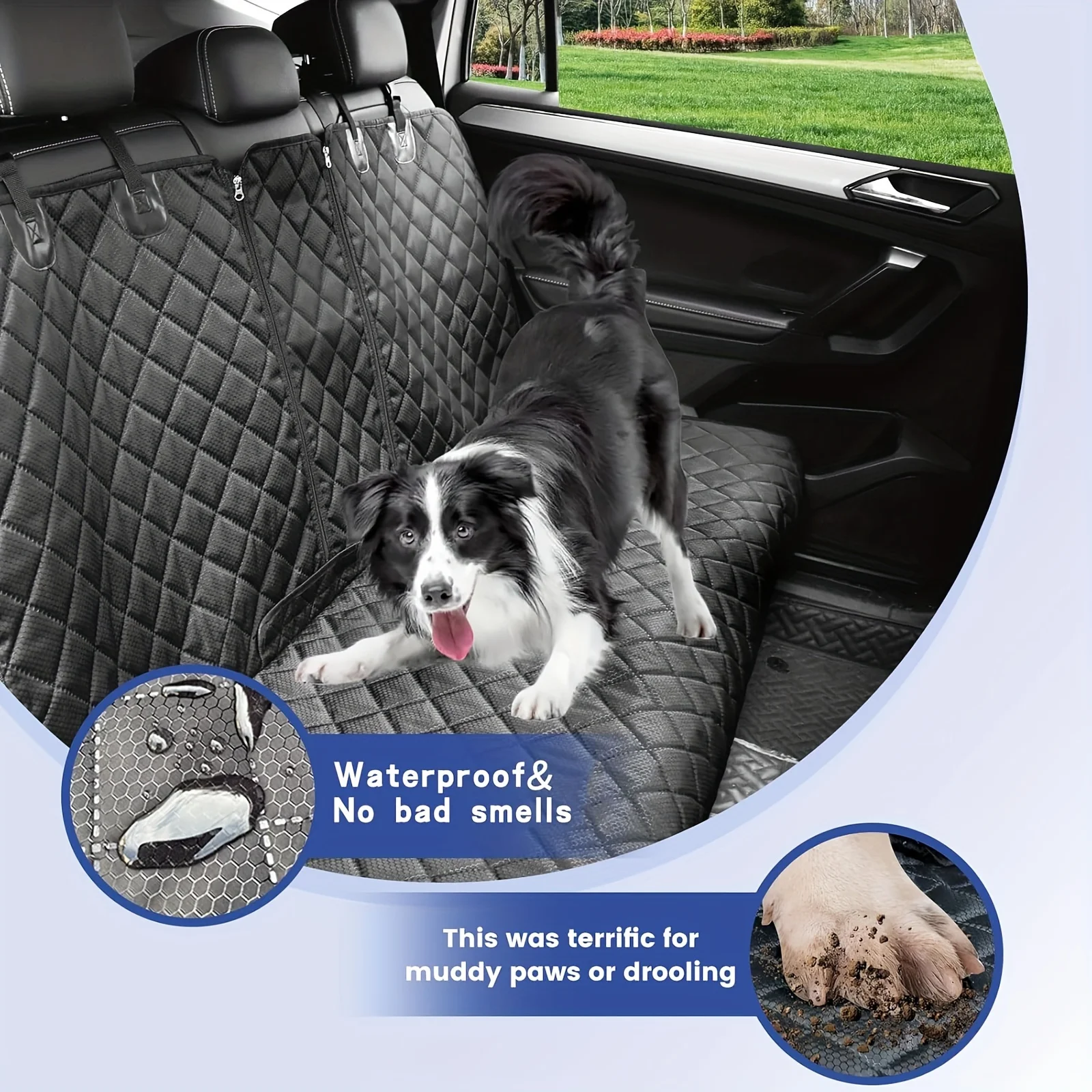 53in Waterproof Diamond Quilted Back Seat Dog Cover, Split Design Rear Bench Pet Car Seat Protector with Secure Hanging Straps, Anti-Scratch Stain Resistant Car Seat Cover for Messy Pets, Drooling Kids & Most Sedan Vehicles