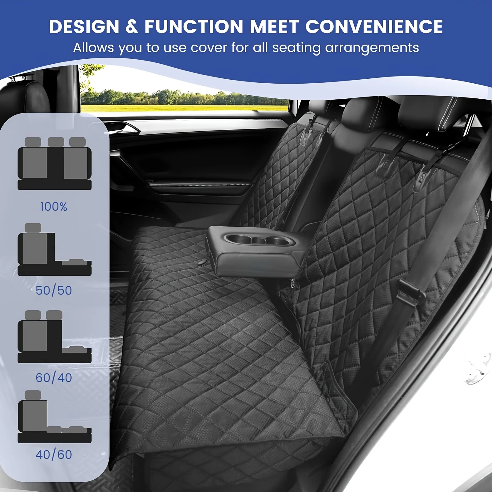 53in Waterproof Diamond Quilted Back Seat Dog Cover, Split Design Rear Bench Pet Car Seat Protector with Secure Hanging Straps, Anti-Scratch Stain Resistant Car Seat Cover for Messy Pets, Drooling Kids & Most Sedan Vehicles