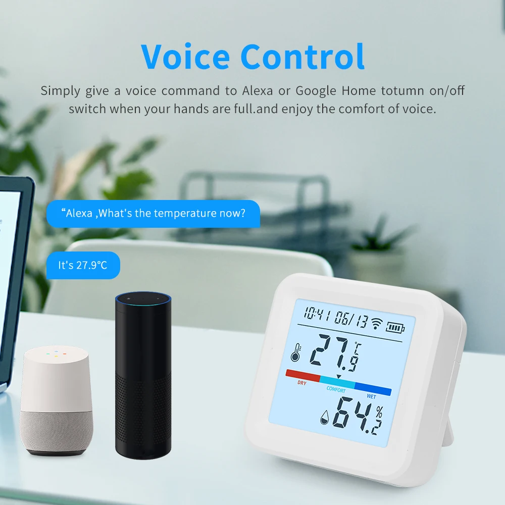 YFK Tuya WiFi Temperature Humidity Sensor, Smart LCD Hygrometer Thermometer with APP Remote Monitor Alert, Works with Alexa Google Home for Smart Home Automation