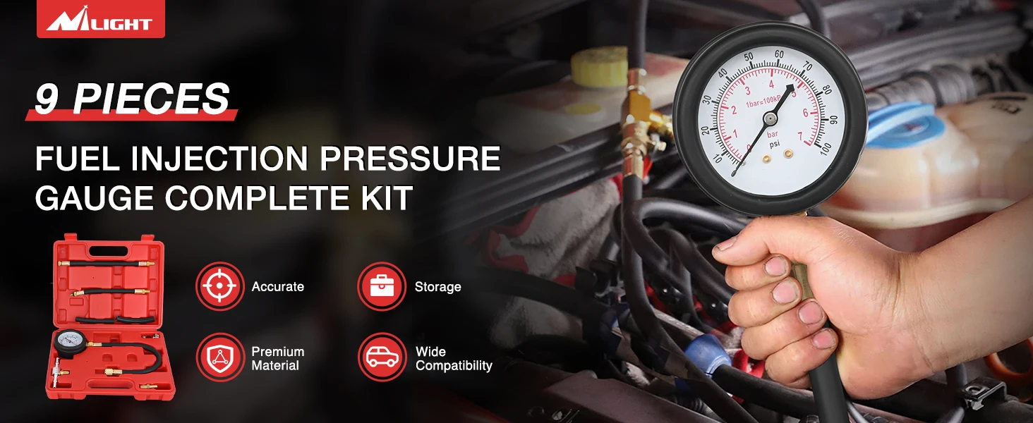 Nilight Fuel Pressure Gauge Tester Kit, 0-100 PSI Fuel Injection Pump Pressure Gauge Petrol Engine Diagnostic Tester for Car Truck Motorcycle SUV ATV RV, 9PCS