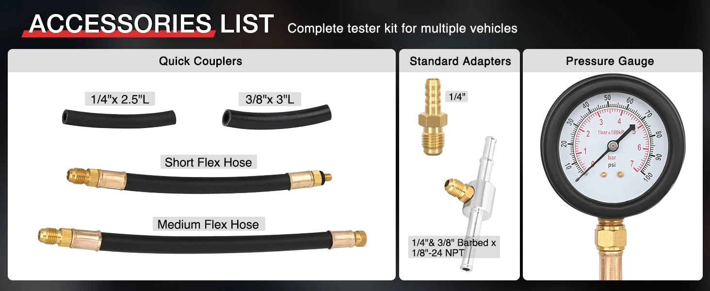 Nilight Fuel Pressure Gauge Tester Kit, 0-100 PSI Fuel Injection Pump Pressure Gauge Petrol Engine Diagnostic Tester for Car Truck Motorcycle SUV ATV RV, 9PCS
