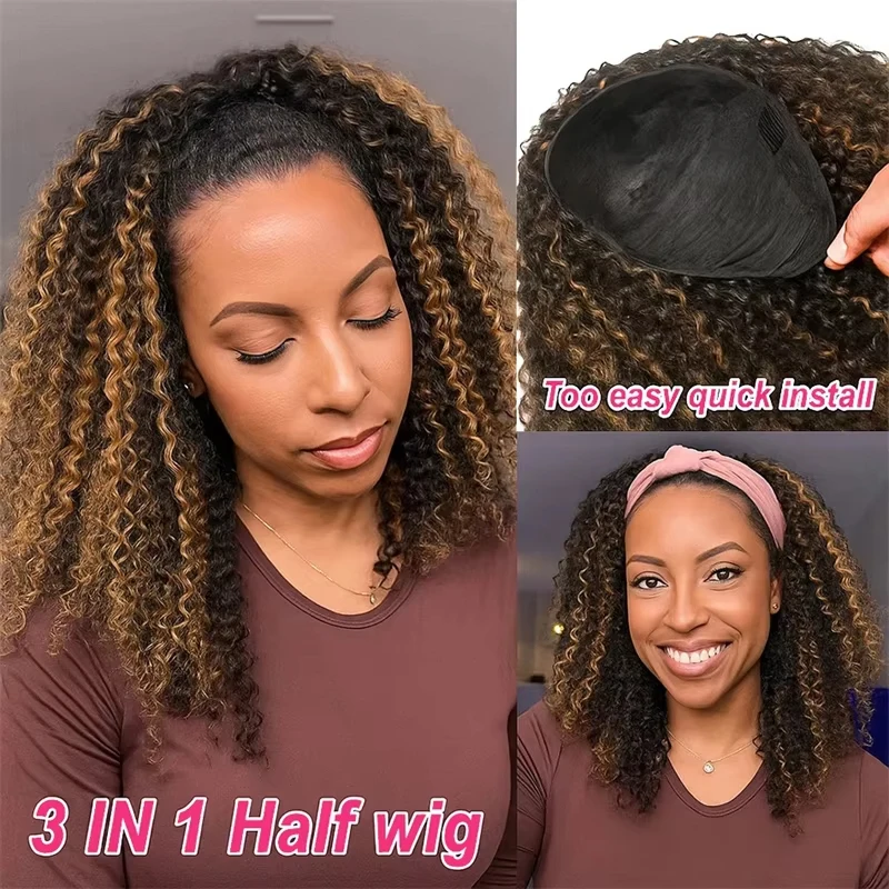 12A 220% Density P4/27 Honey Blonde Burmese Curly Half Wig Human Hair 38 Inch Glueless 3 In 1 Natural Style Seamless Flip Over Drawstring Headband Wigs Clip Beginner Friendly Wig Wear And Go With Drawstring Quick Install For Women Promotional Sale