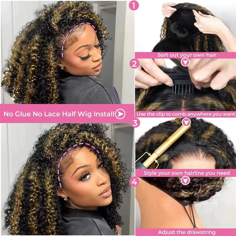12A 220% Density P4/27 Honey Blonde Burmese Curly Half Wig Human Hair 38 Inch Glueless 3 In 1 Natural Style Seamless Flip Over Drawstring Headband Wigs Clip Beginner Friendly Wig Wear And Go With Drawstring Quick Install For Women Promotional Sale