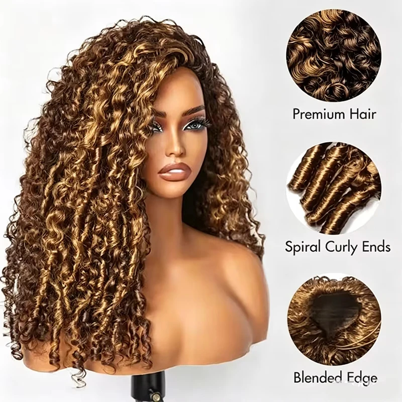 12A 220% Density P4/27 Honey Blonde Burmese Curly Half Wig Human Hair 38 Inch Glueless 3 In 1 Natural Style Seamless Flip Over Drawstring Headband Wigs Clip Beginner Friendly Wig Wear And Go With Drawstring Quick Install For Women Promotional Sale