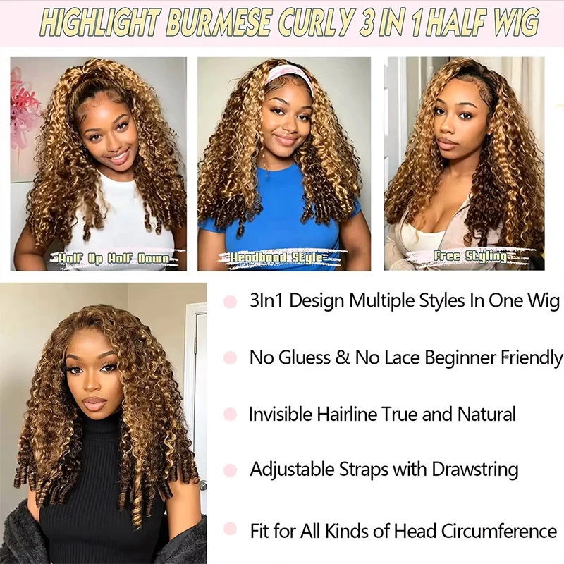 12A 220% Density P4/27 Honey Blonde Burmese Curly Half Wig Human Hair 38 Inch Glueless 3 In 1 Natural Style Seamless Flip Over Drawstring Headband Wigs Clip Beginner Friendly Wig Wear And Go With Drawstring Quick Install For Women Promotional Sale