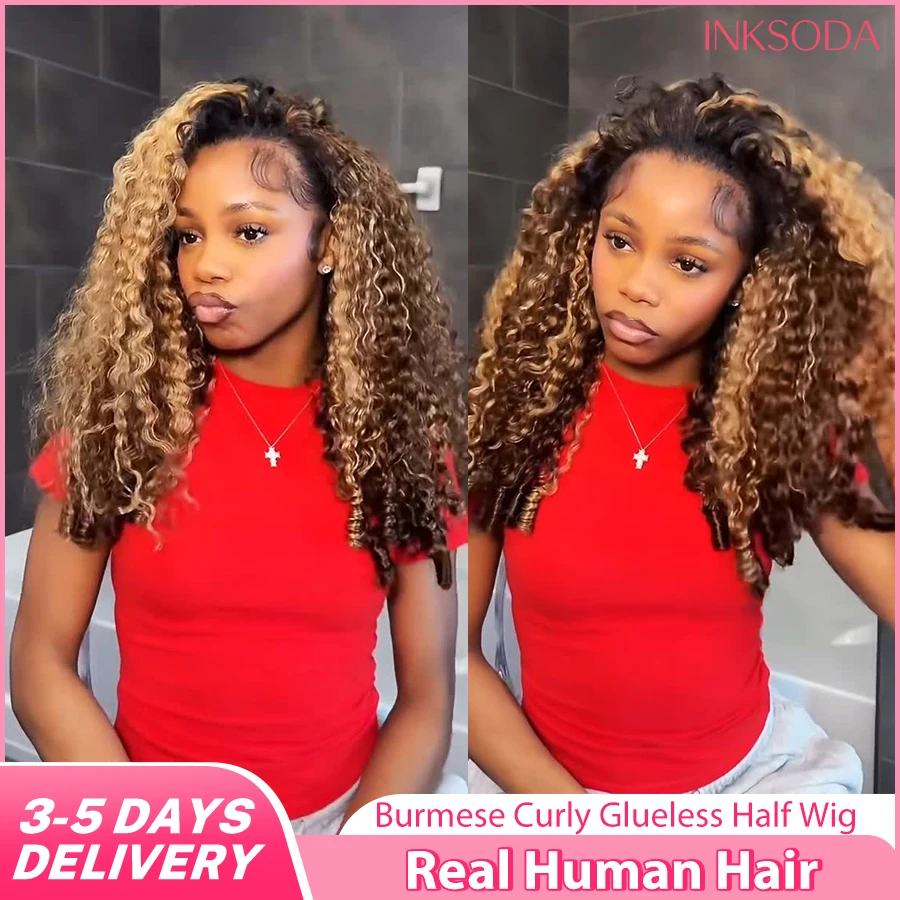 12A 220% Density P4/27 Honey Blonde Burmese Curly Half Wig Human Hair 38 Inch Glueless 3 In 1 Natural Style Seamless Flip Over Drawstring Headband Wigs Clip Beginner Friendly Wig Wear And Go With Drawstring Quick Install For Women Promotional Sale