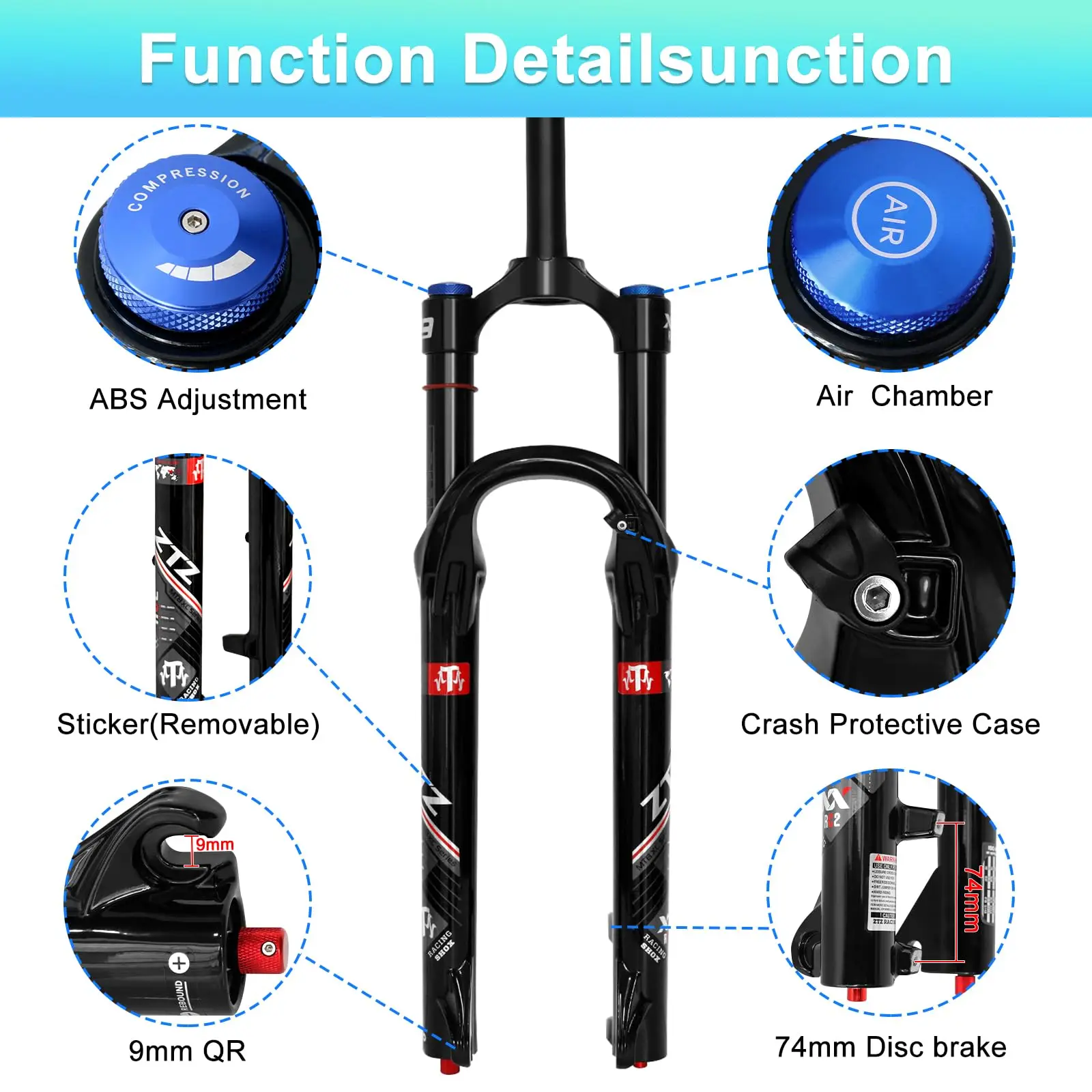 26/27.5/29 Inch MTB Air Suspension Fork 34mm Stanchions 140mm Travel Rebound Adjustment Straight Steerer 9x100mm QR Manual Lockout Mountain Bike Front Fork for XC AM