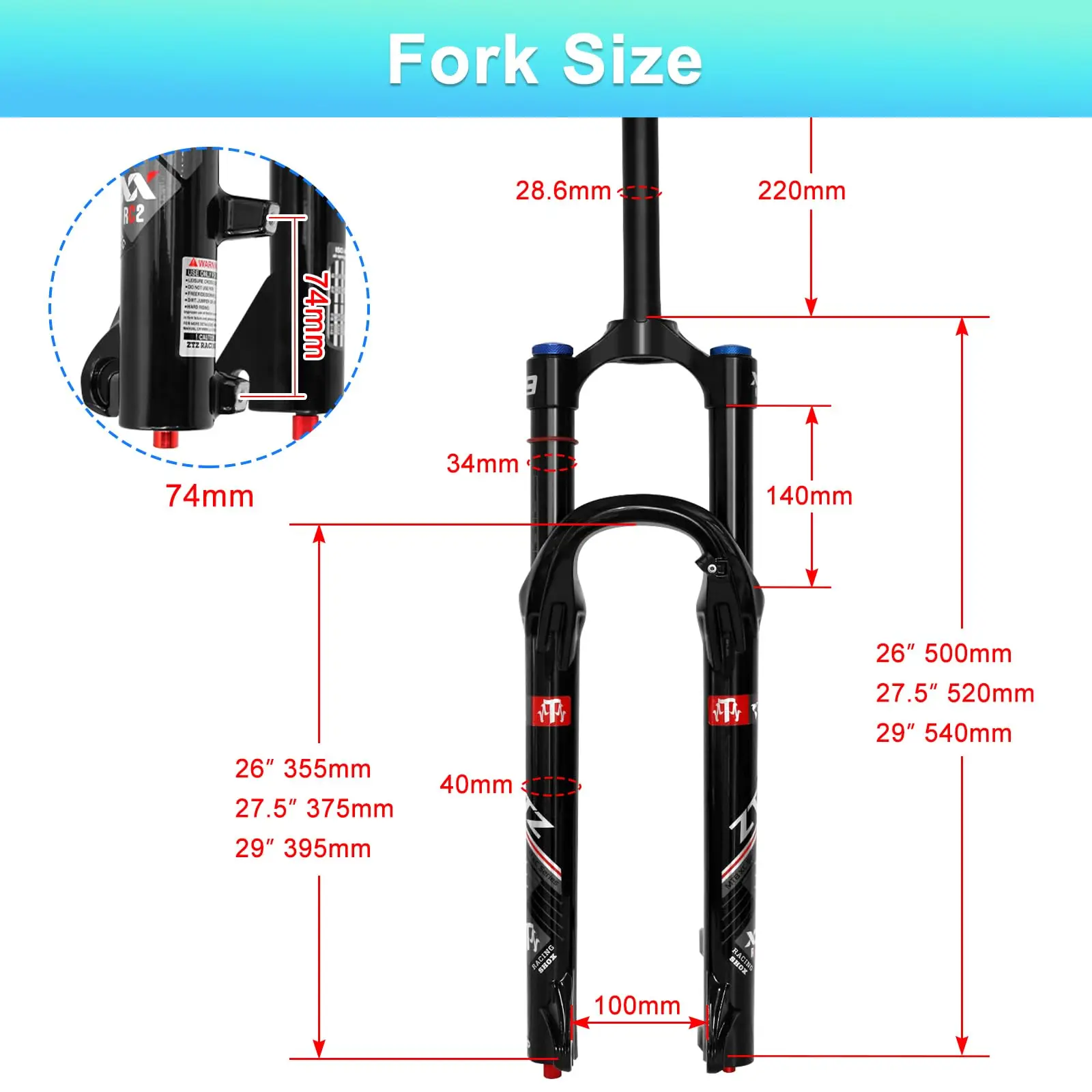 26/27.5/29 Inch MTB Air Suspension Fork 34mm Stanchions 140mm Travel Rebound Adjustment Straight Steerer 9x100mm QR Manual Lockout Mountain Bike Front Fork for XC AM