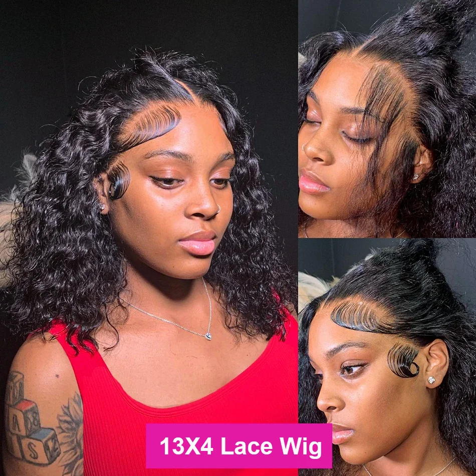 Bob Wig Human Hair 13x4 Transparent Lace Front Bob Wigs Super Double Drawn For Black Women Deep Wave Curly 100% Human Hair Wigs Pre Plucked Water Wave Bob Wigs