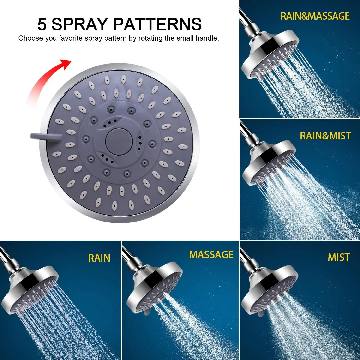 High Pressure 5-Setting Filtered Shower Head with Water Softener, Removes Chlorine & Heavy Metals