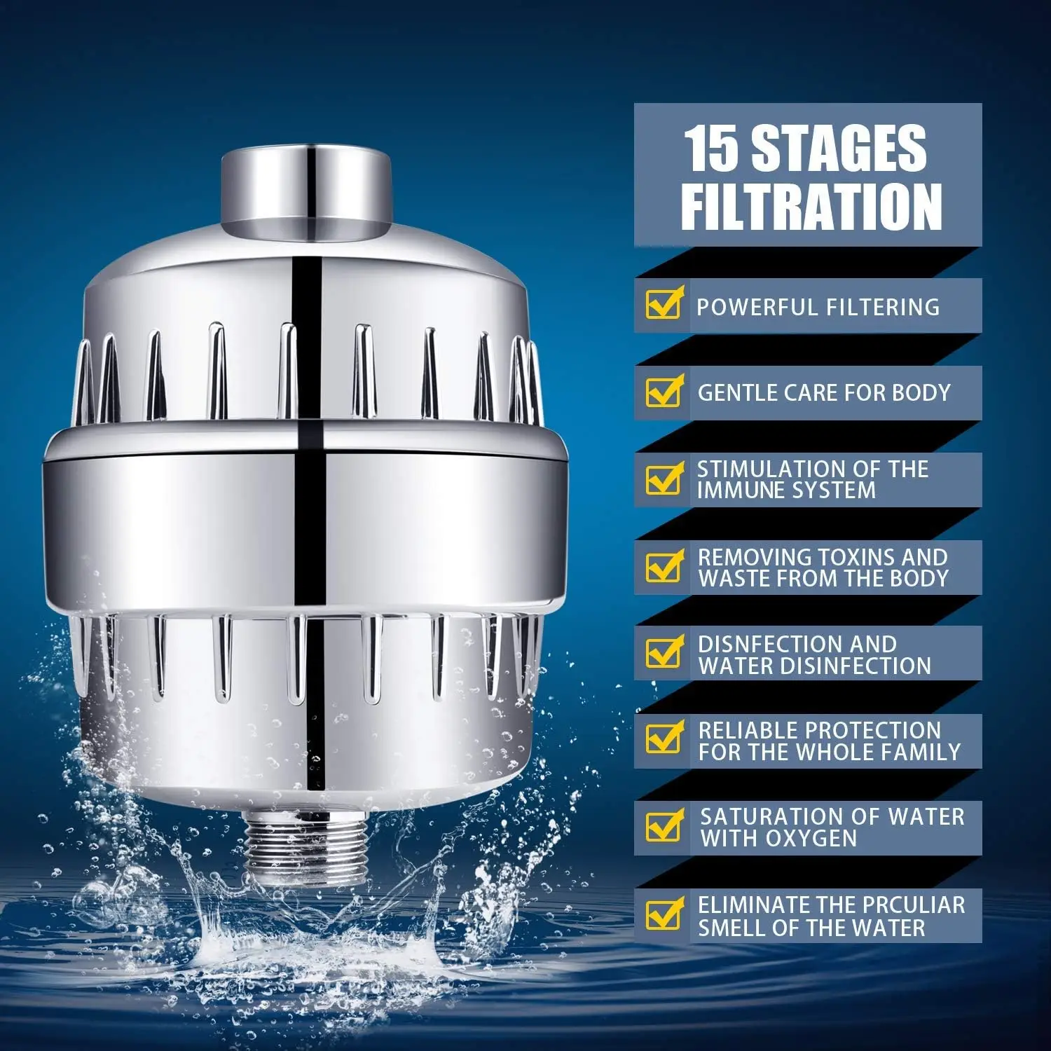 High Pressure 5-Setting Filtered Shower Head with Water Softener, Removes Chlorine & Heavy Metals