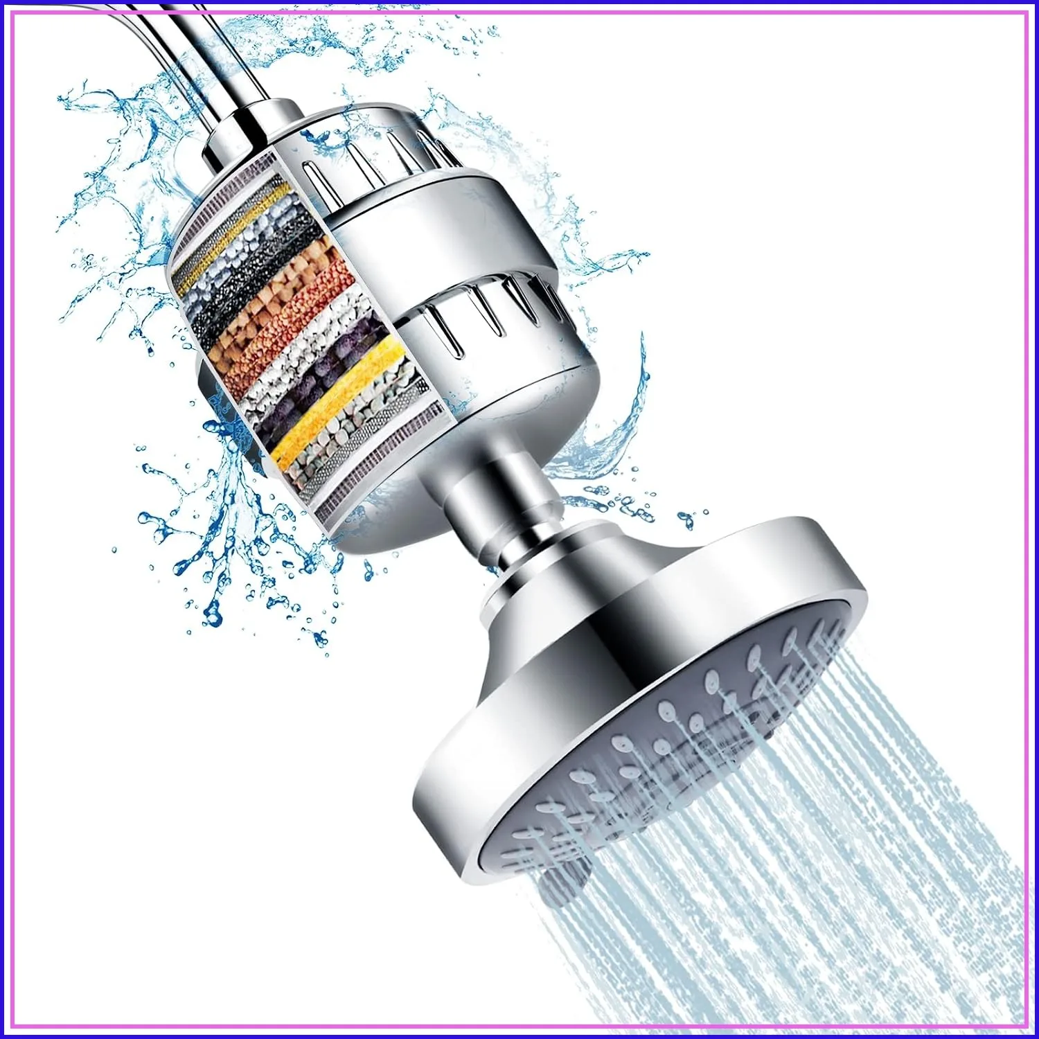 High Pressure 5-Setting Filtered Shower Head with Water Softener, Removes Chlorine & Heavy Metals