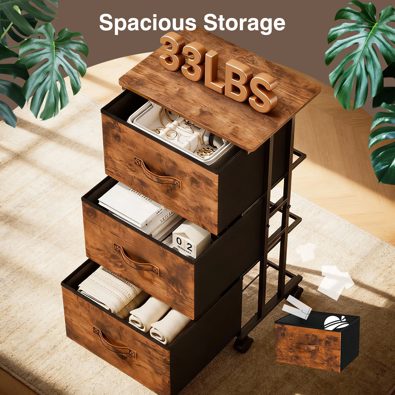 JHK 3 Drawers Dresser Storage Cabinet with Wheels Rolling Fabric Dresser Tower Storage Cabinet Organizer with Steel Frame for Closet Bedroom Entryway