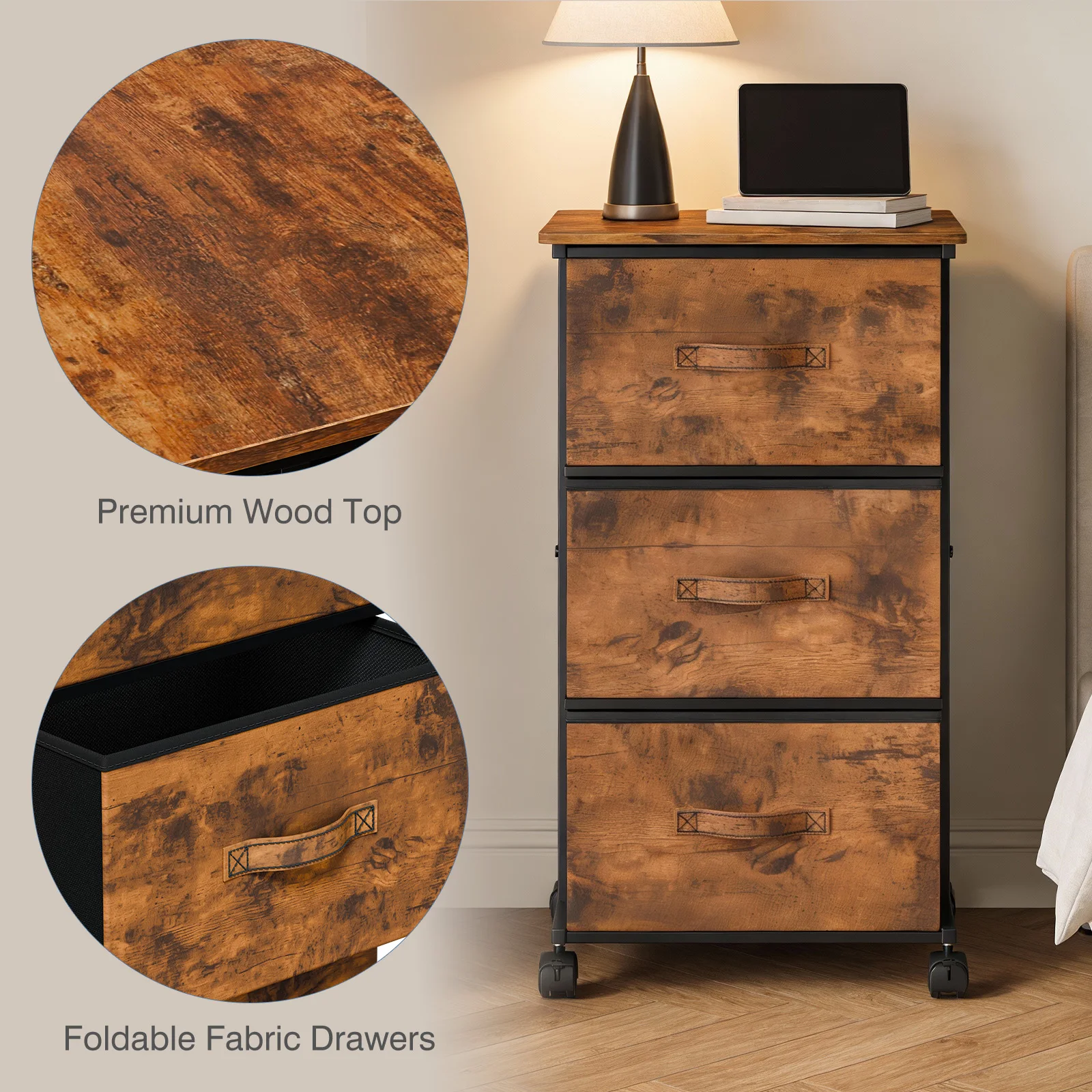 JHK 3 Drawers Dresser Storage Cabinet with Wheels Rolling Fabric Dresser Tower Storage Cabinet Organizer with Steel Frame for Closet Bedroom Entryway