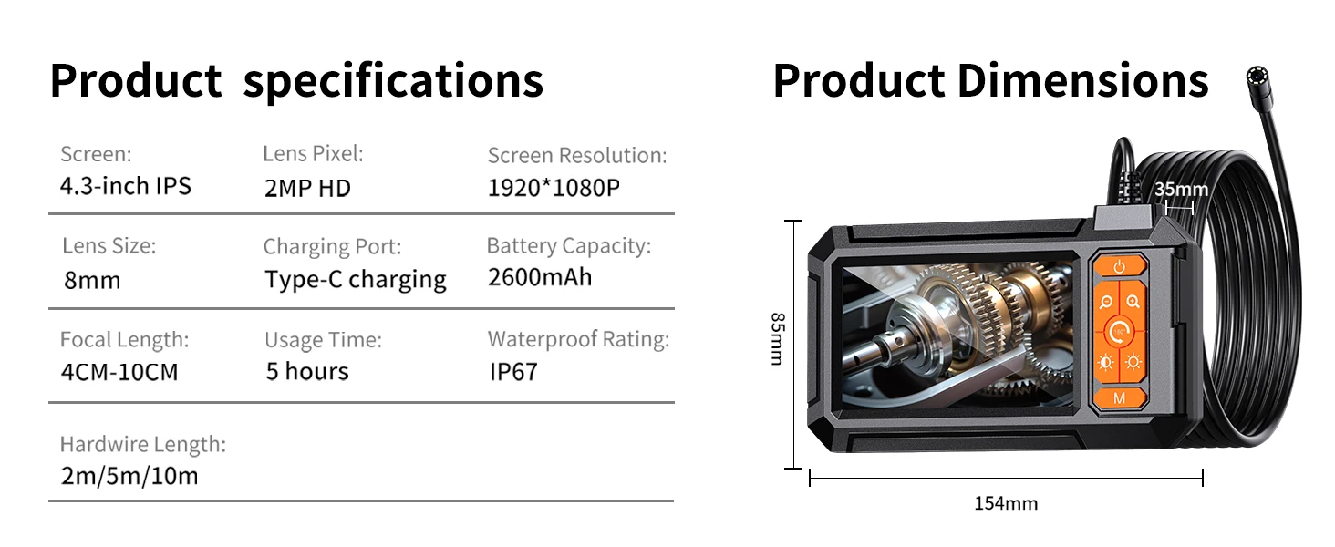 Industrial Endoscope Camera 8mm HD1080P 4.3inch IPS Screen 1080P Pipe Inspection Camera for Car Repair IP67 Waterproof 8 LEDS