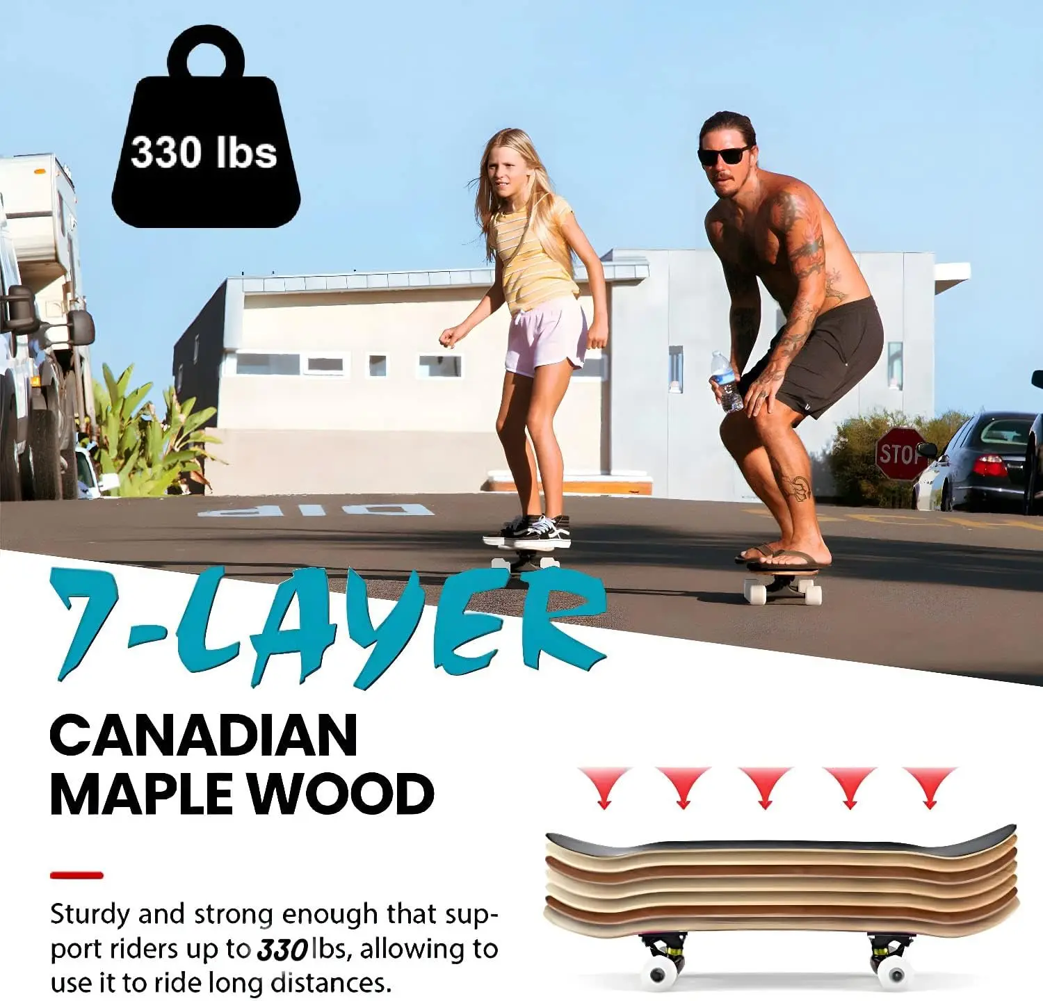 31"x8" Skateboard for Beginners & Pros - 7-Ply Canadian Maple, Double Kick, Concave, Complete