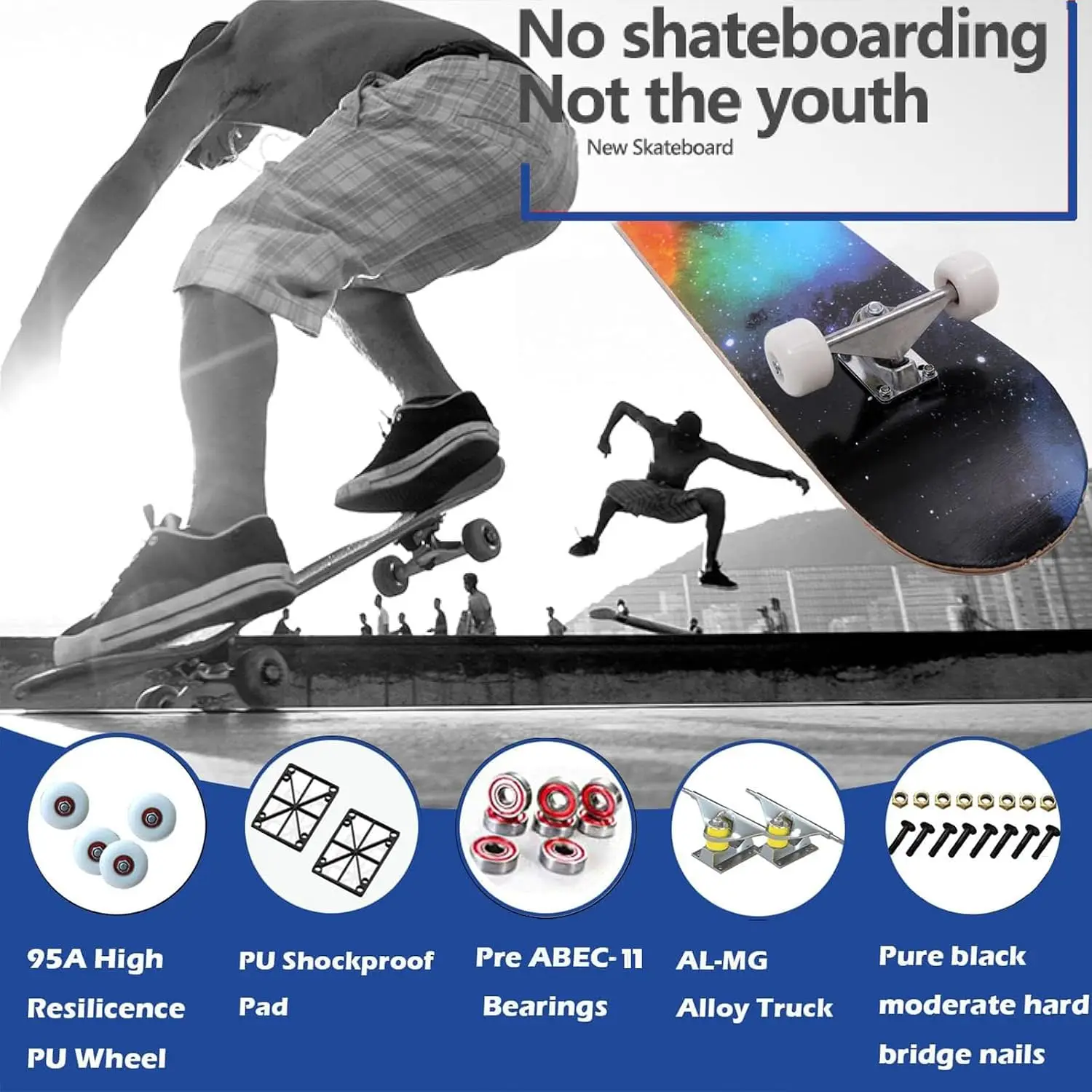 31"x8" Skateboard for Beginners & Pros - 7-Ply Canadian Maple, Double Kick, Concave, Complete