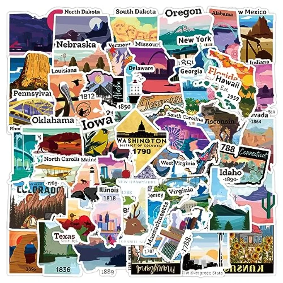 51Pcs United States Stickers, Travel USA Waterproof Vinyl Stickers for Water Bottles Laptop Computer Phone Scrapbook, Sticker G