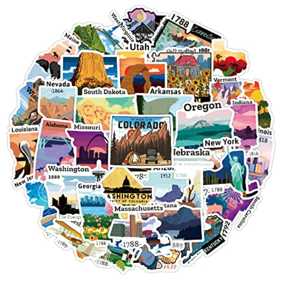 51Pcs United States Stickers, Travel USA Waterproof Vinyl Stickers for Water Bottles Laptop Computer Phone Scrapbook, Sticker G