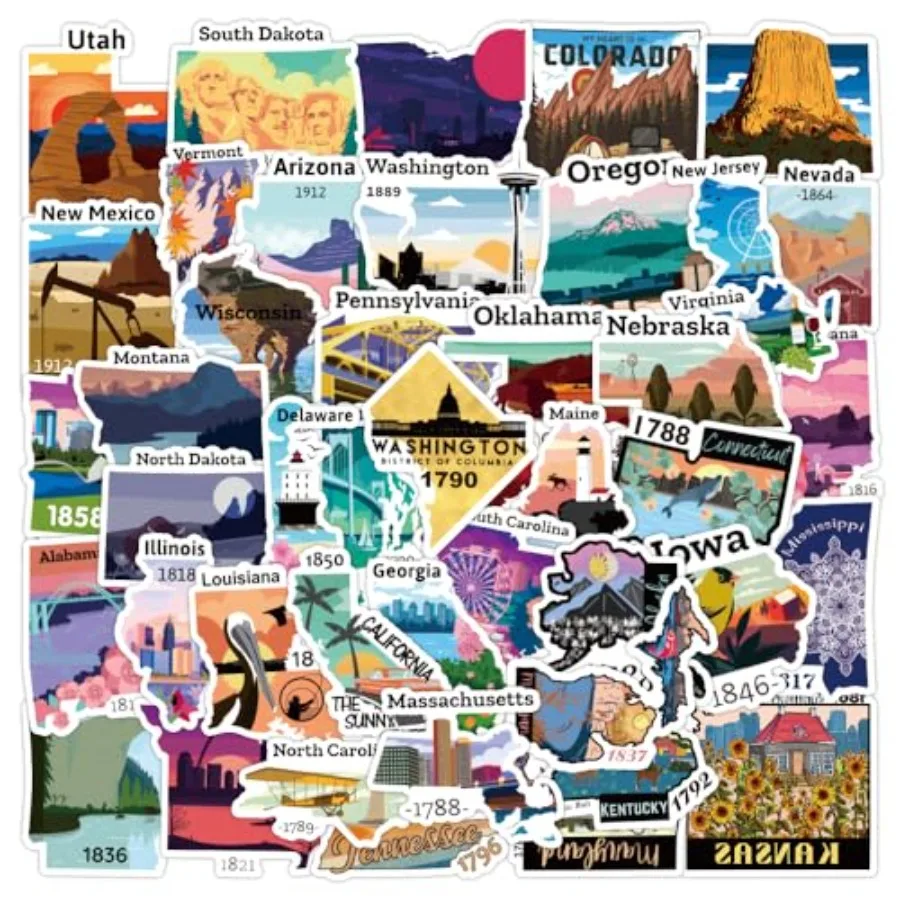 51Pcs United States Stickers, Travel USA Waterproof Vinyl Stickers for Water Bottles Laptop Computer Phone Scrapbook, Sticker G