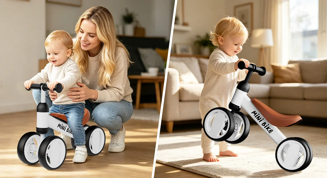 Baby Balance Bike for 1 Year Old Boys Girls, Toddler Bike 12-18 Months, Adjustable Seat, No Pedal Infant 4 Wheels Bicycle, First Riding Experience
