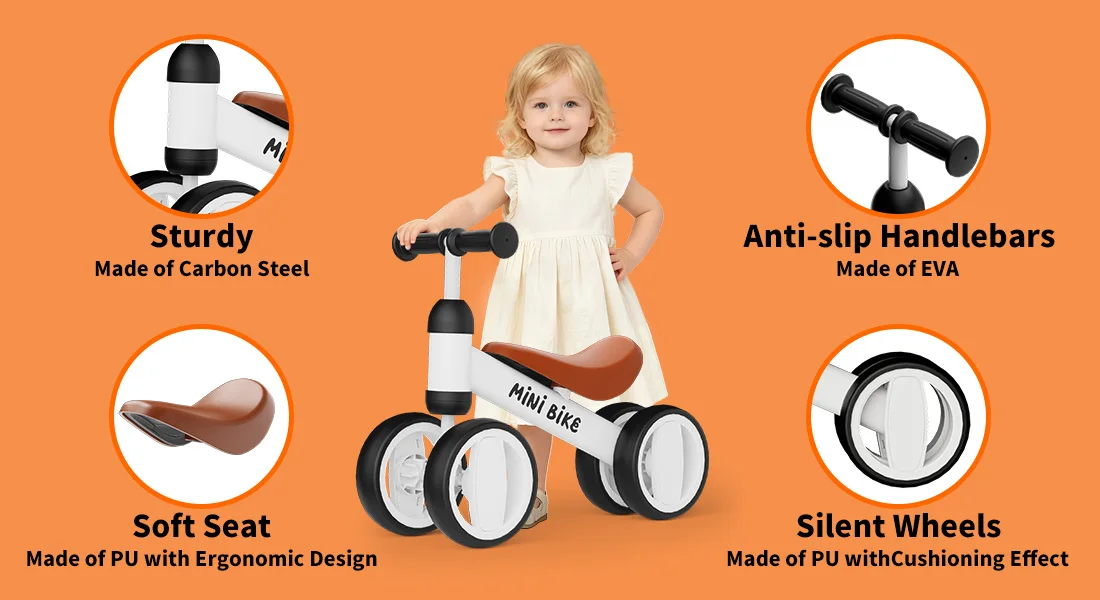 Baby Balance Bike for 1 Year Old Boys Girls, Toddler Bike 12-18 Months, Adjustable Seat, No Pedal Infant 4 Wheels Bicycle, First Riding Experience
