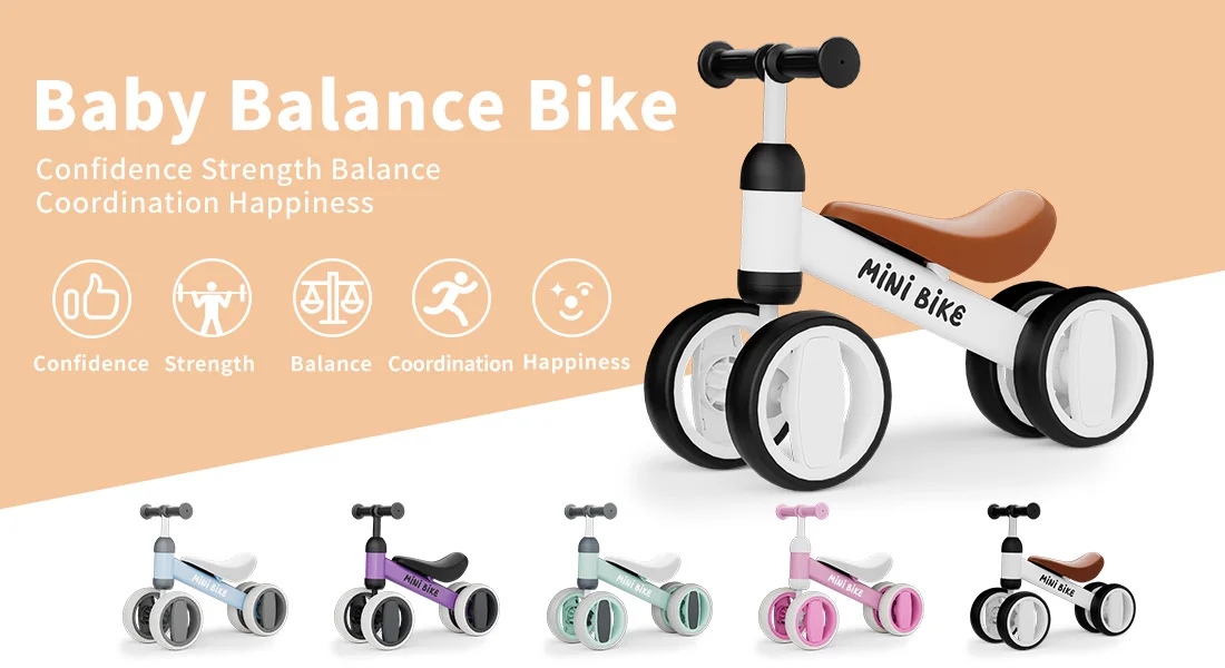Baby Balance Bike for 1 Year Old Boys Girls, Toddler Bike 12-18 Months, Adjustable Seat, No Pedal Infant 4 Wheels Bicycle, First Riding Experience