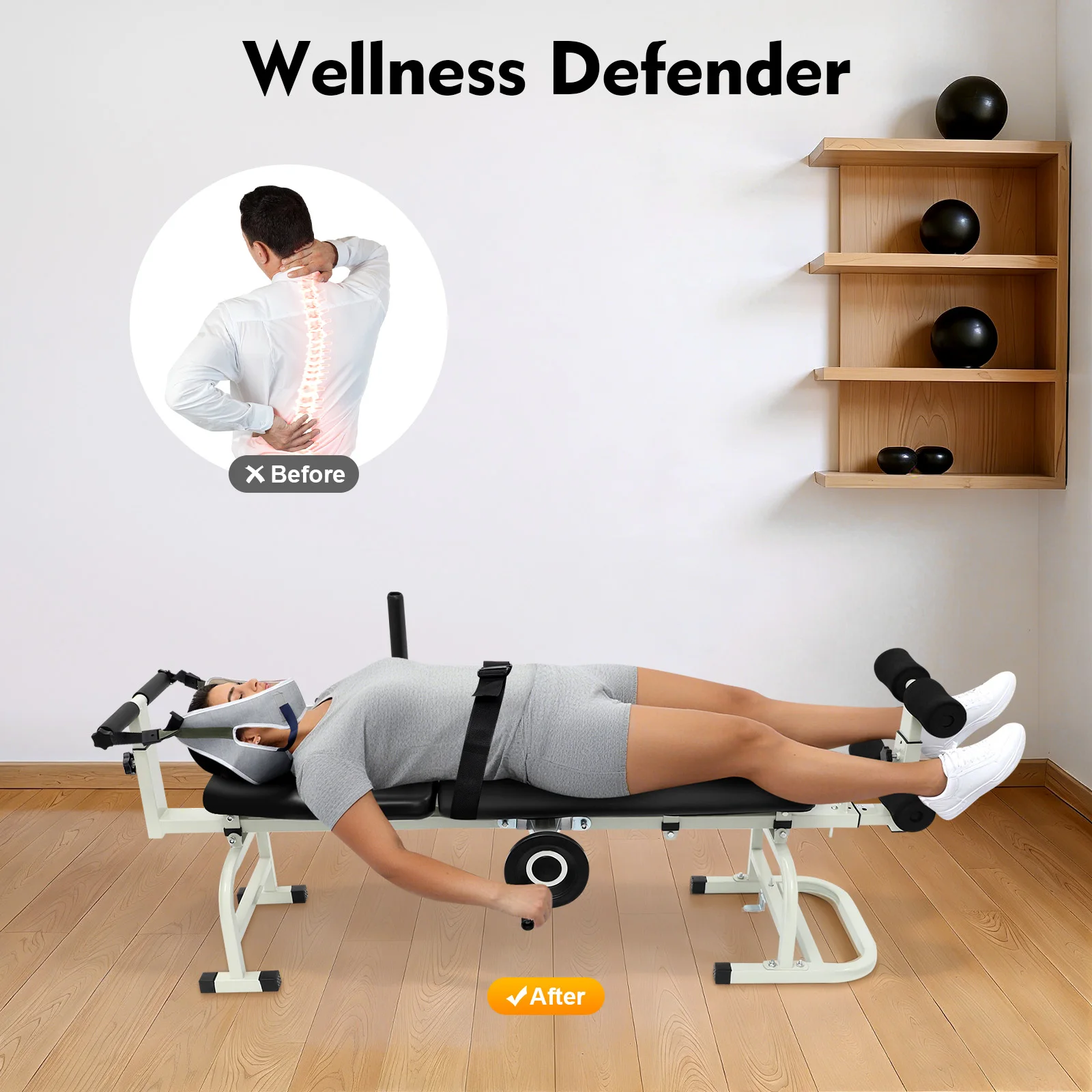 59.06-74.8in Long Back Stretch Bench,Adjustable Multifunctional Neck Stretcher Cervical Stretch Device, Handwheel Control Cervical Lumbar Traction Bed for Wellness Centers