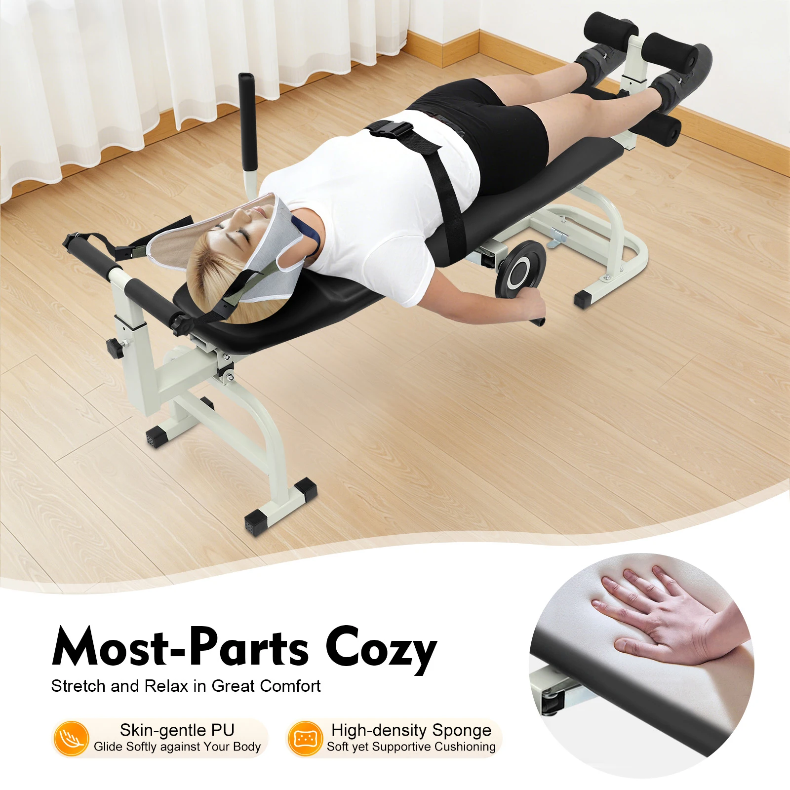 59.06-74.8in Long Back Stretch Bench,Adjustable Multifunctional Neck Stretcher Cervical Stretch Device, Handwheel Control Cervical Lumbar Traction Bed for Wellness Centers