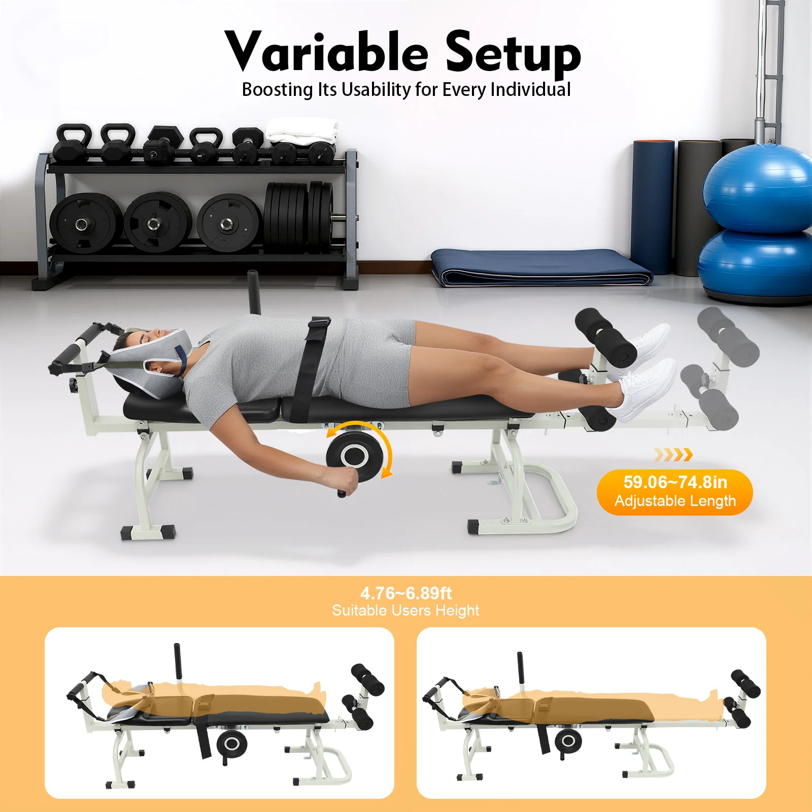 59.06-74.8in Long Back Stretch Bench,Adjustable Multifunctional Neck Stretcher Cervical Stretch Device, Handwheel Control Cervical Lumbar Traction Bed for Wellness Centers