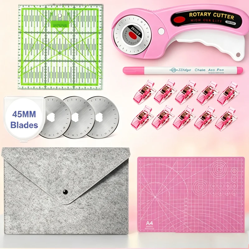 45mm Rotary Cutting Knife Sewing Supplies Set Includes A4 Cutting Mat, Sk5 Blade, 15X15Cm Acrylic Ruler, Marker Pen, Clips, and Storage Bag, for Quilting, DIY Hand Tools, and Christmas Decoration Tools