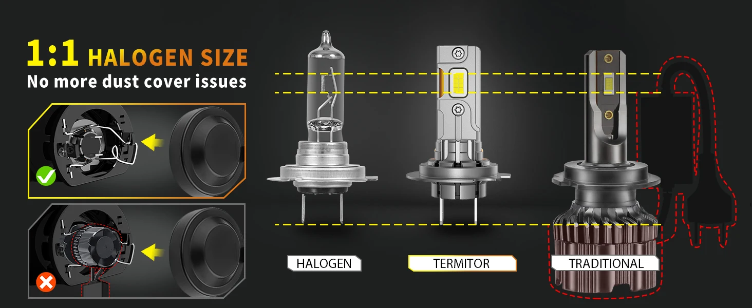 Termitor H7 LED Bulbs – 50,000LM High Brightness, 1:1 Halogen Fit, Plug & Play, 3-Min Install, IP68 Waterproof, 10-Year Lifespan, with fan 2-Pack