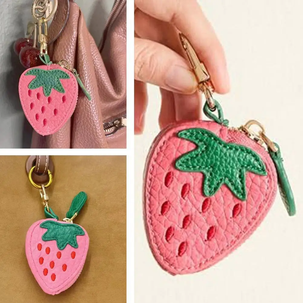 Sweet Pink Strawberry Design Faux Leather Coin Purse Portable Zipper Mini Earphone Case Keyring Pendant Small Wallet For Daily Travel
