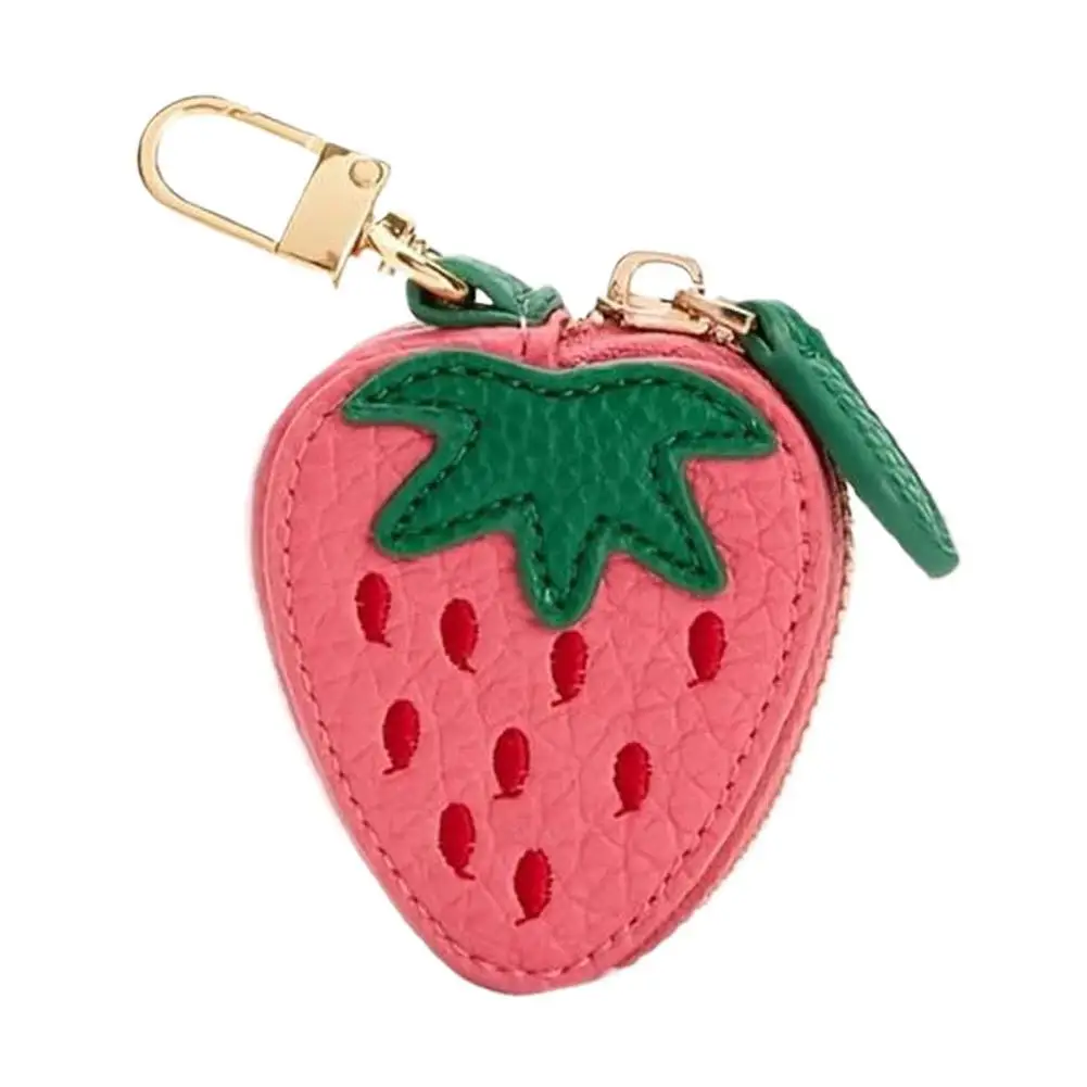 Sweet Pink Strawberry Design Faux Leather Coin Purse Portable Zipper Mini Earphone Case Keyring Pendant Small Wallet For Daily Travel