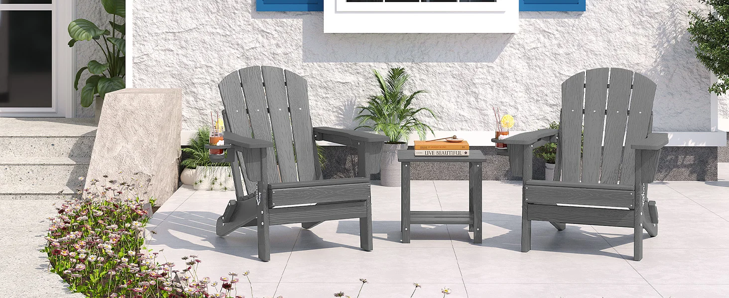 1 PC Folding Adirondack Chair, All-Weather HDPE Outdoor Chair, Wooden Textured with Cup Holder for patios, Decks, Gardens, Fire Pits