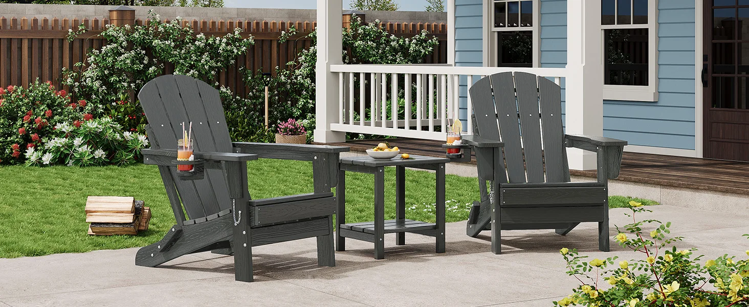 1 PC Folding Adirondack Chair, All-Weather HDPE Outdoor Chair, Wooden Textured with Cup Holder for patios, Decks, Gardens, Fire Pits