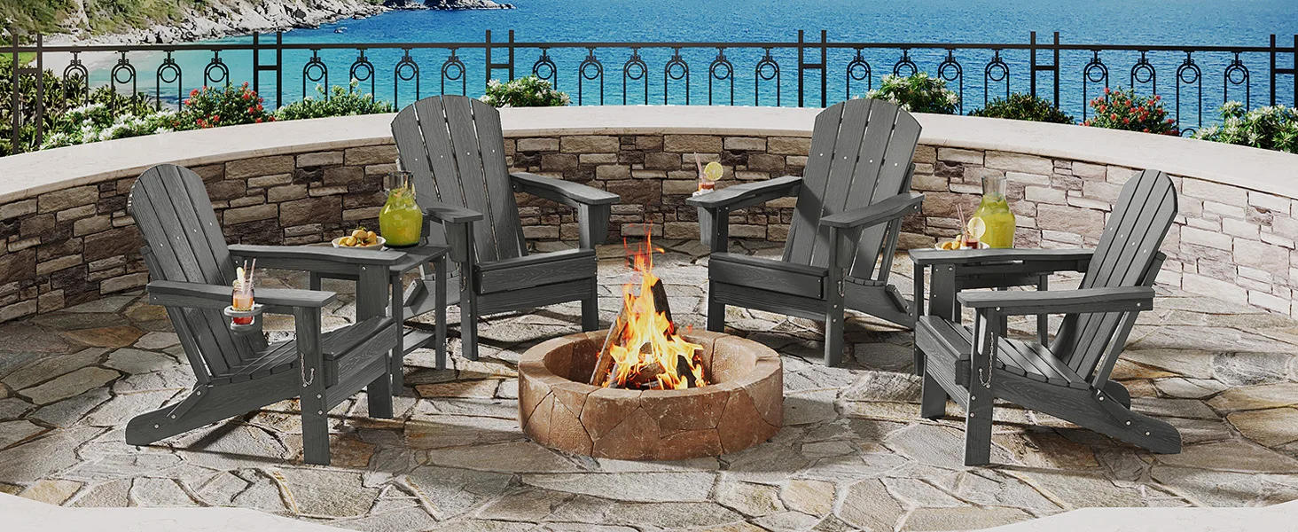 1 PC Folding Adirondack Chair, All-Weather HDPE Outdoor Chair, Wooden Textured with Cup Holder for patios, Decks, Gardens, Fire Pits