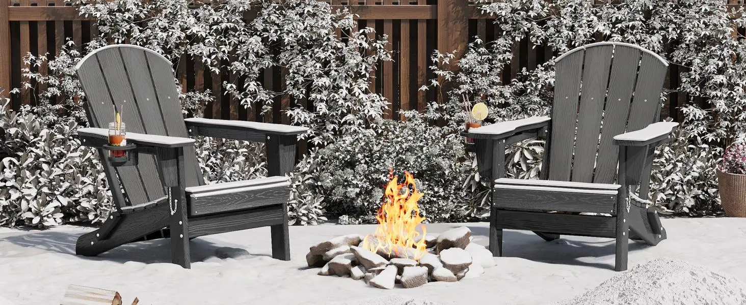 1 PC Folding Adirondack Chair, All-Weather HDPE Outdoor Chair, Wooden Textured with Cup Holder for patios, Decks, Gardens, Fire Pits
