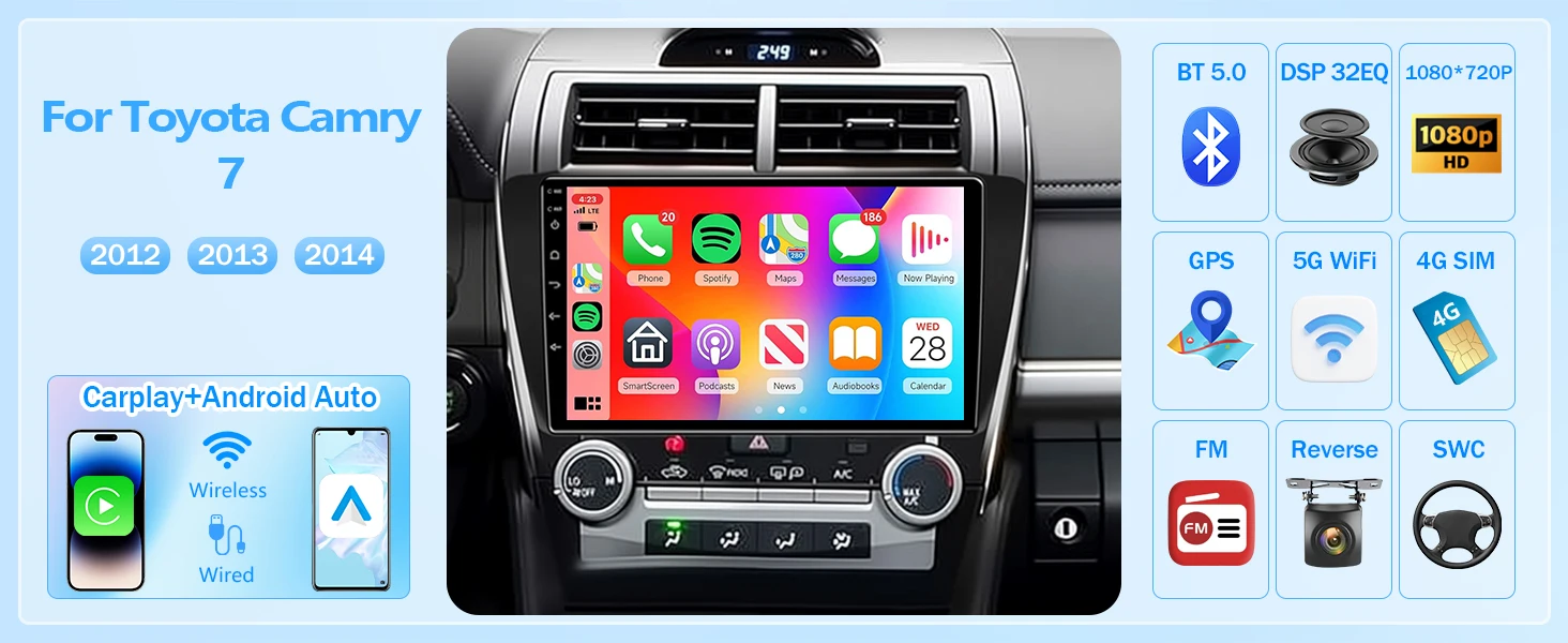 Android 14 Car radio Navigation Multimedia Player For Toyota Camry 7 2012 - 2014 Carplay Auto Stereo
