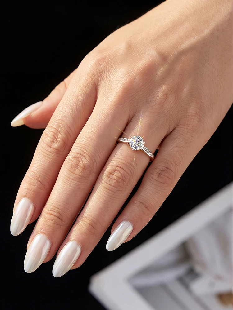 S925 Sterling Silver Brilliant Real 1CT Round Moissanite Wedding Engagement Ring High Quality Luxury Fine Jewelry for Women