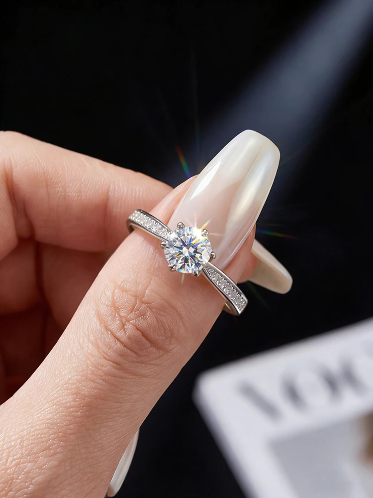 S925 Sterling Silver Brilliant Real 1CT Round Moissanite Wedding Engagement Ring High Quality Luxury Fine Jewelry for Women