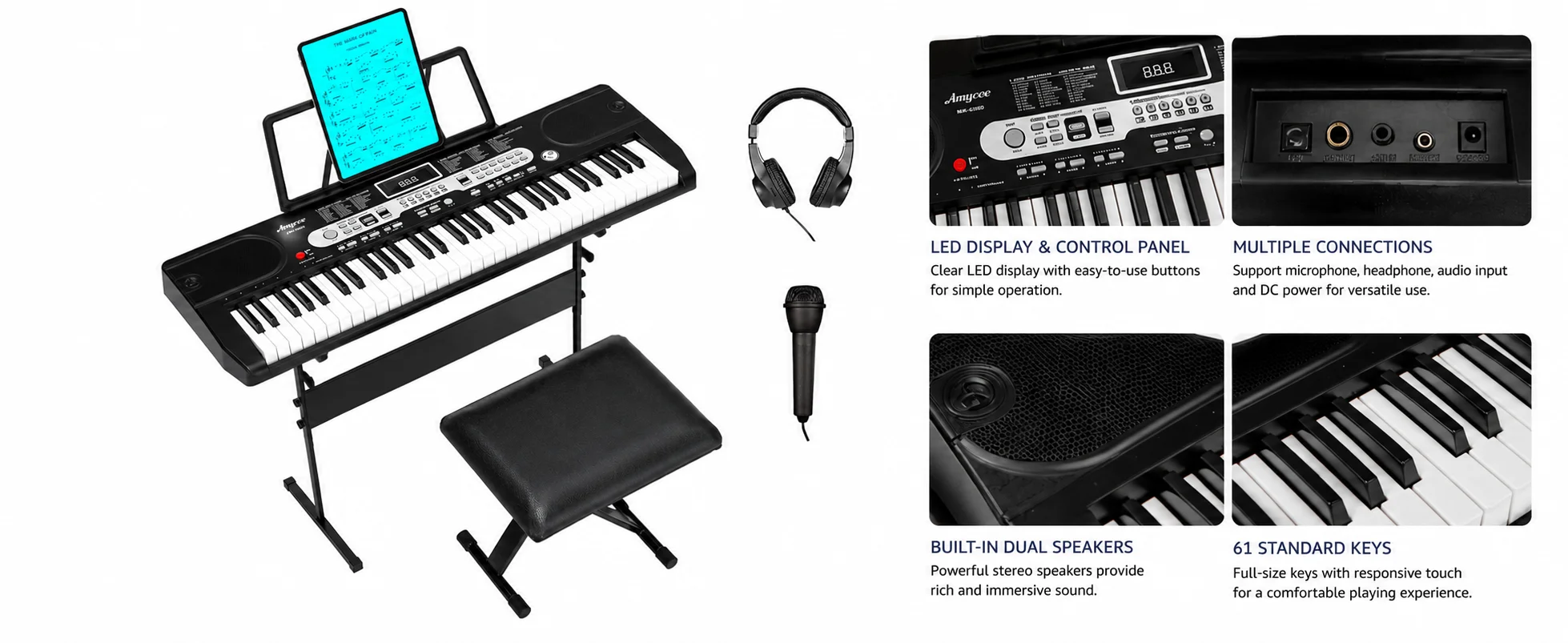 61 Key Beginner Digital Piano Keyboard Set with Stand Bench Microphone Headphones Music Rest Multiple Tones Rhythms Demo Songs Home Practice