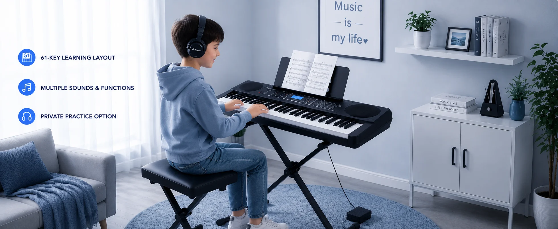 61 Key Beginner Digital Piano Keyboard Set with Stand Bench Microphone Headphones Music Rest Multiple Tones Rhythms Demo Songs Home Practice