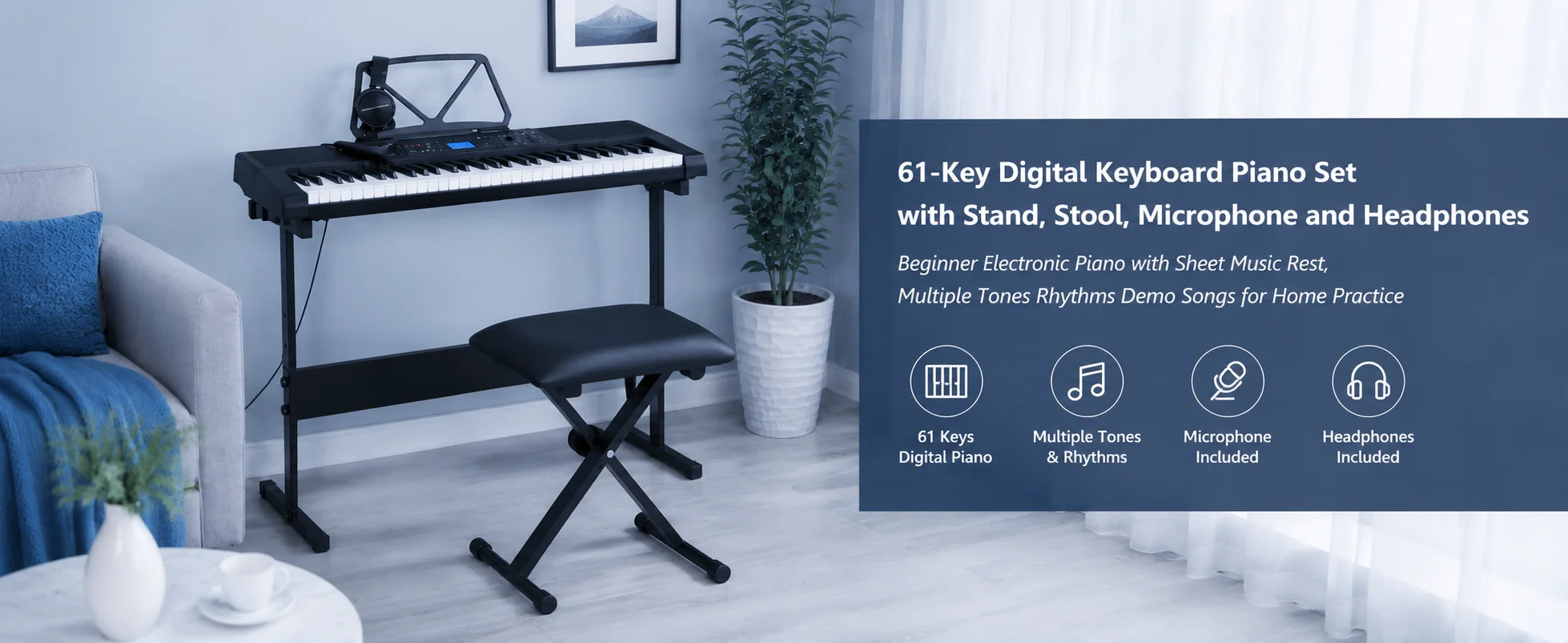 61 Key Beginner Digital Piano Keyboard Set with Stand Bench Microphone Headphones Music Rest Multiple Tones Rhythms Demo Songs Home Practice