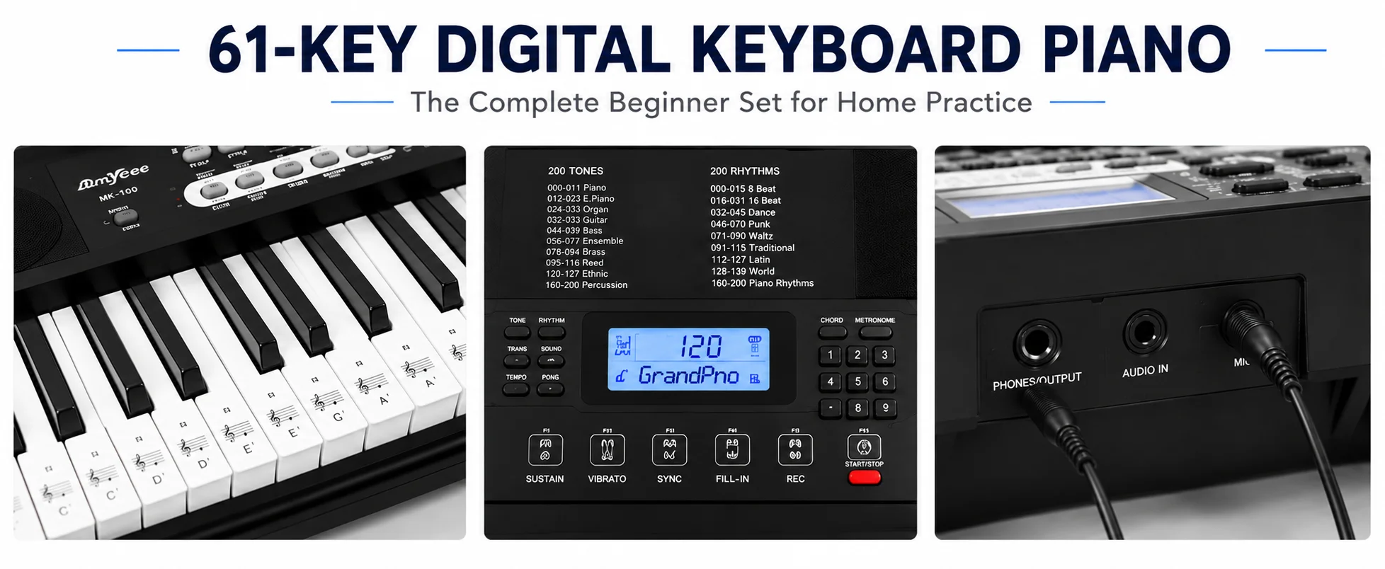 61 Key Beginner Digital Piano Keyboard Set with Stand Bench Microphone Headphones Music Rest Multiple Tones Rhythms Demo Songs Home Practice