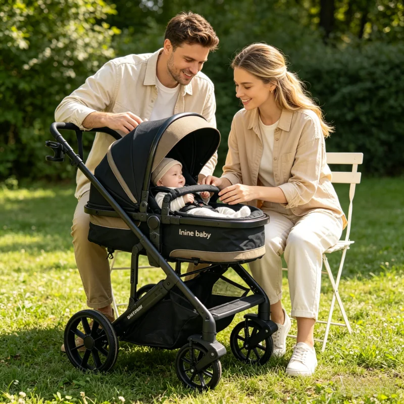 Multi Functional Baby Stroller Lightweight Foldable, Sit and Lie, Reversible Baby Seats with Shock-Absorbent, Essential for Newborn Outings