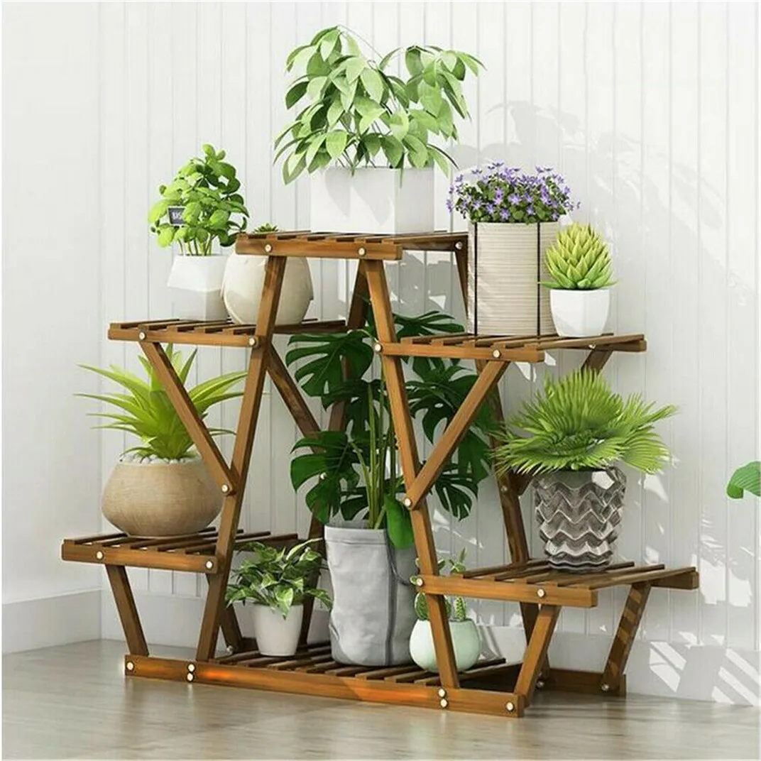 Carbonized Triangle 6 Tiered Corner Wood Plant Stand Flower Pot Display Shelf Rack Indoor Outdoor