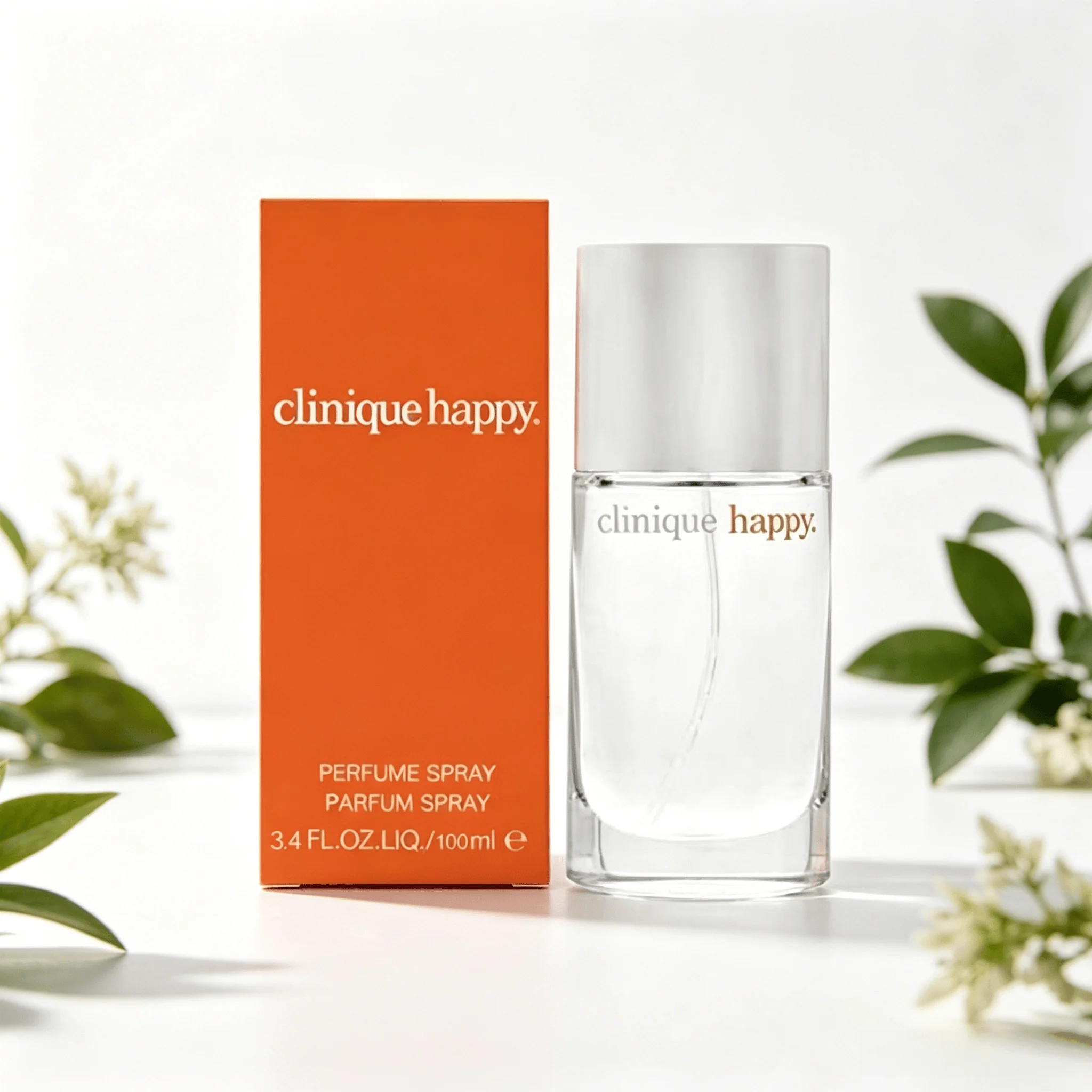 Clinique Happy Perfume Spray 100ML With Original Orange Gift Box Long Lasting Bright Fresh Citrus Floral Fruity Fragrance Women Perfume Clear Square Glass Silver Cap Bottle Cheerful Daily Scent Holiday Dating Gift for Ladies