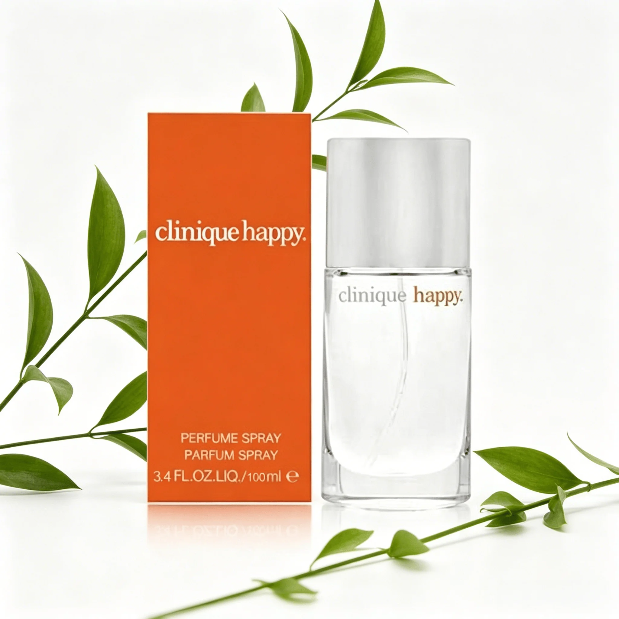 Clinique Happy Perfume Spray 100ML With Original Orange Gift Box Long Lasting Bright Fresh Citrus Floral Fruity Fragrance Women Perfume Clear Square Glass Silver Cap Bottle Cheerful Daily Scent Holiday Dating Gift for Ladies