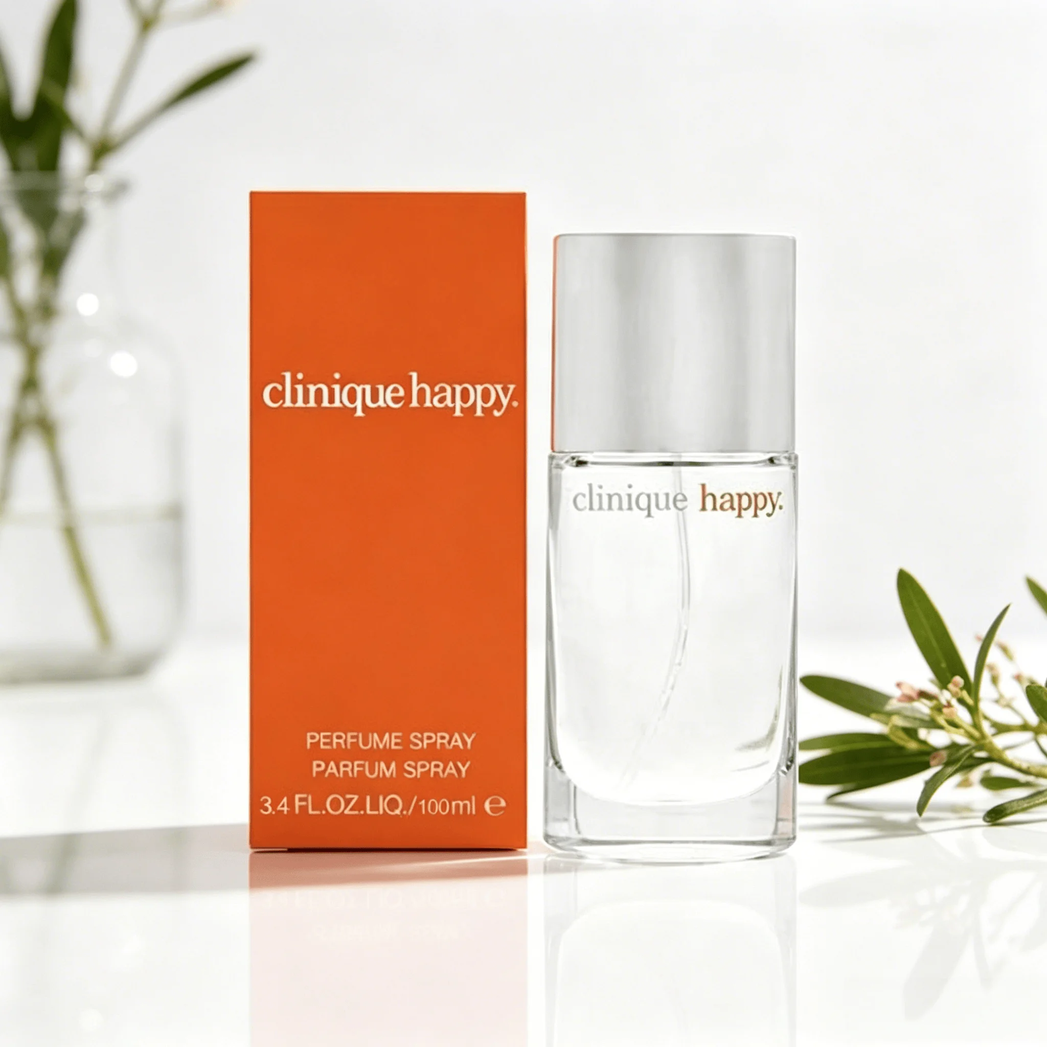 Clinique Happy Perfume Spray 100ML With Original Orange Gift Box Long Lasting Bright Fresh Citrus Floral Fruity Fragrance Women Perfume Clear Square Glass Silver Cap Bottle Cheerful Daily Scent Holiday Dating Gift for Ladies